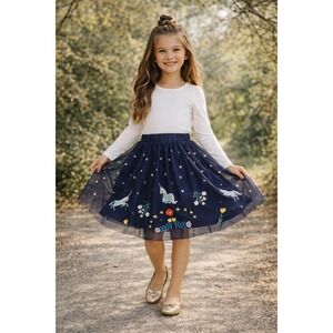 Hanna Andersson Girls Navy Blue Tulle Unicorn Star Embroidered Skirt Size 8 130